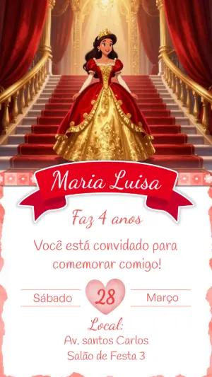 Convite de Aniversário Princesa Real Vermelho e Dourado Editável