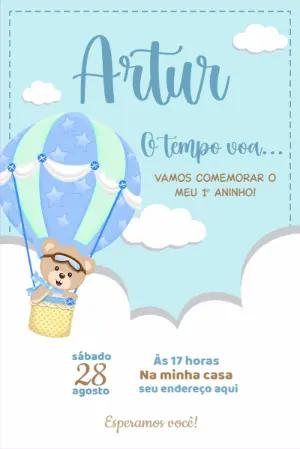 Convite Aniversário Ursinho Baloeiro para Editar Online