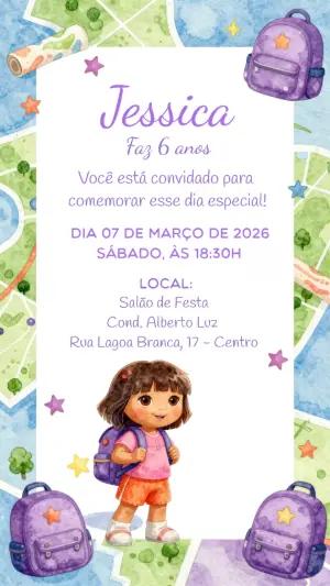 Convite de Aniversário Dora Aventureira Aquarela para Editar