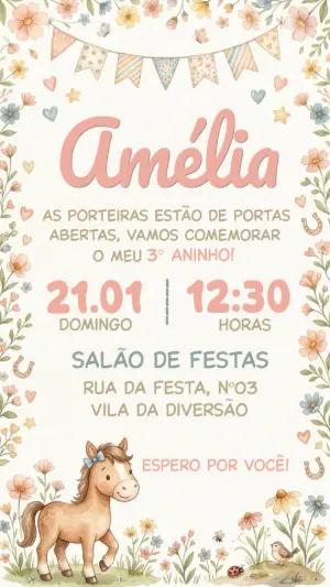 Convite de Aniversário Cavalo Aquarela para Menina Editável