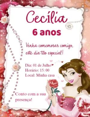 Convite de Aniversário da Princesa Bela para Editar Online