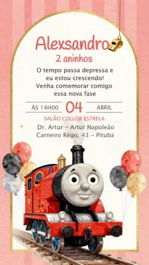 Convite de Aniversário Trem Vermelho Aquarela para Editar