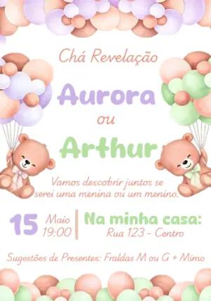 Convite Chá Revelação Ursinhos Lilás e Verde Editável
