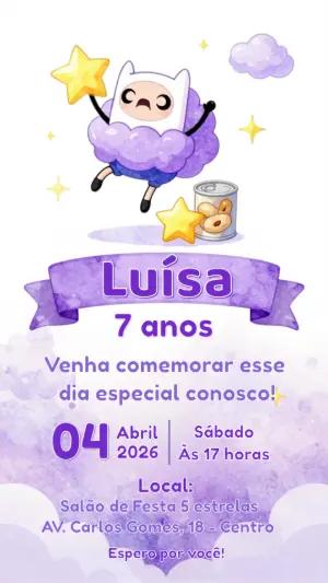 Convite de Aniversário Infantil Finn Nuvem Lilás Editável