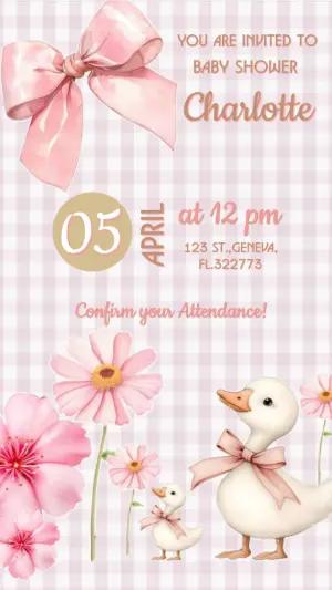Cute Duck Baby Shower Invitation with Pink Bows - Editable Template