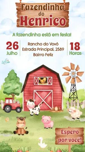 Convite de Aniversário Fazendinha Aquarela Editável
