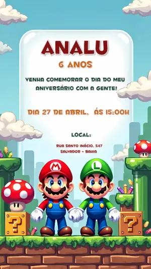 Convite de Aniversário Super Mario e Luigi Editável Online