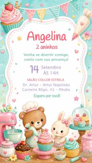 Convite Aniversário Confeitaria Aquarela Editável para Menina