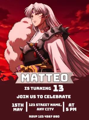 Sesshomaru Anime Birthday Invitation, Editable Template
