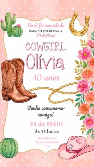 Convite Aniversário Cowgirl Rosa e Dourado para Editar
