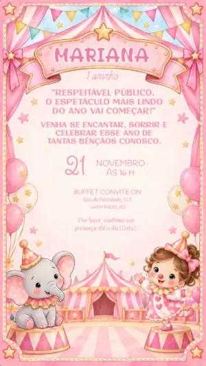 Convite de Aniversário Circo Rosa Editável para Menina