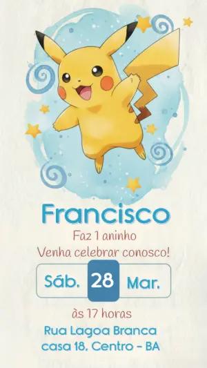 Convite de Aniversário Pokémon Pikachu Aquarela para Editar