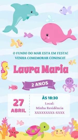 Convite Aniversário Fundo do Mar com Animais para Editar Online