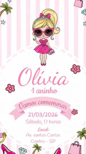 Convite de Aniversário Boneca Fashionista Rosa para Editar