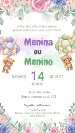 Convite Chá Revelação Ursinhos Lilás e Verde para Editar
