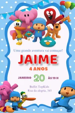 Convite de Aniversário Pocoyo Colorido para Editar