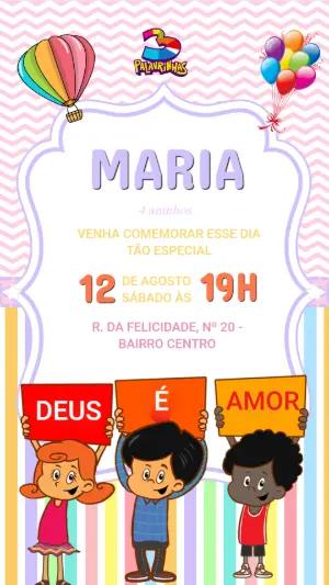Convite de Aniversário 3 Palavrinhas Colorido para Editar