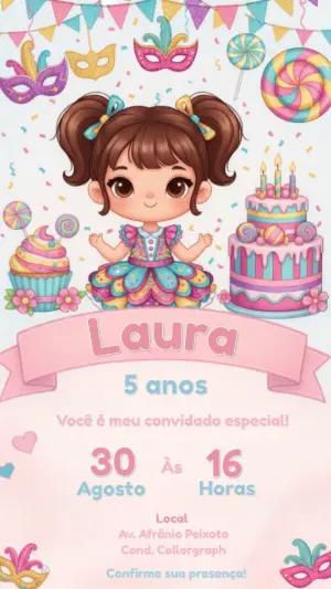 Convite de Aniversário Carnaval Menina Colorido para Editar