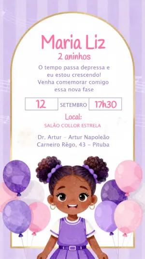 Convite Digital Aniversário Menina Lilás e Rosa para Editar