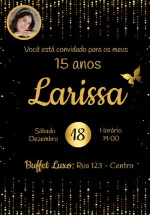Convite de 15 Anos Preto e Dourado Elegante para Editar