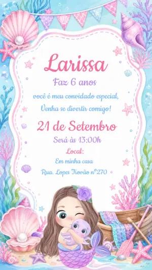 Convite de Aniversário Sereia Morena Fundo do Mar Editável