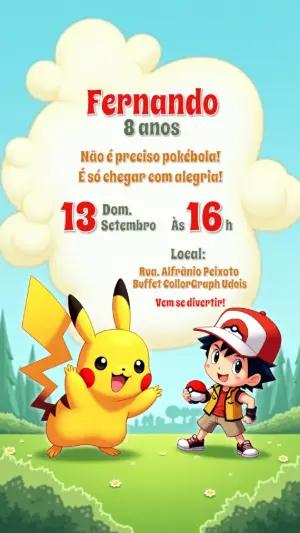 Convite de Aniversário Pokémon com Pikachu para Editar Online