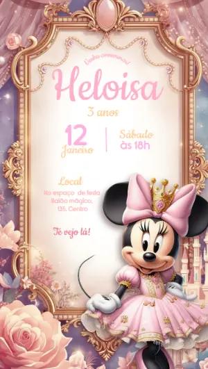 Convite Aniversário Minnie Princesa Rosa e Dourado Editável