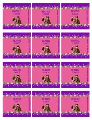 Adesivo para Bala Personalizada Masha e o Urso Rosa e Roxo para Editar