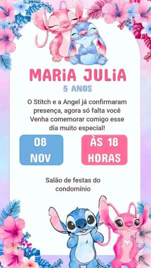 Convite Digital Aniversário Infantil Stitch e Angel Editável