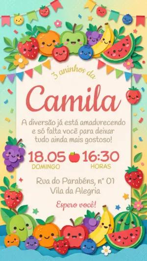 Convite de Aniversário Infantil Frutinhas Colorido Editável