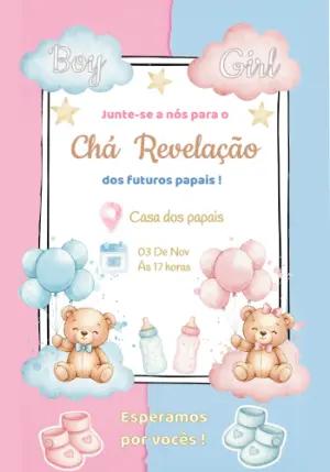 Convite Chá Revelação Ursinhos Aquarela para Editar Online