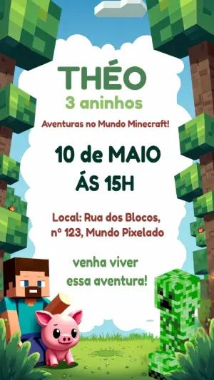 Convite de Aniversário Minecraft com Personagens para Editar Online