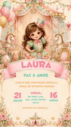 Convite de Aniversário Circo Rosa Vintage Editável