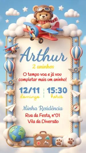 Convite de Aniversário Ursinho Aviador Fofo para Editar