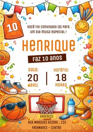 Convite Digital Aniversário Infantil Tema Basquete Editável