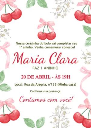 Convite Aniversário 1 Aninho Cerejinha Aquarela para Editar
