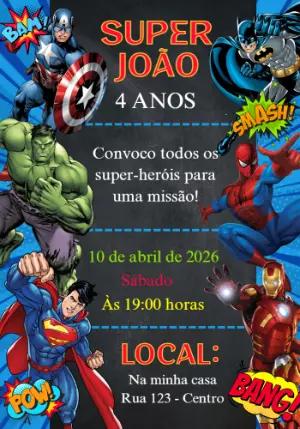 Convite de Aniversário Super Heróis Editável para Festa Infantil