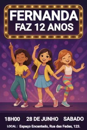 Convite de Aniversário Festa Pop com Meninas para Editar Online