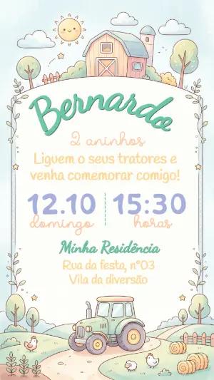 Convite de Aniversário Fazendinha com Trator Fofo Editável