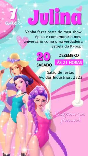 Convite de Aniversário K-pop Pool Party Editável