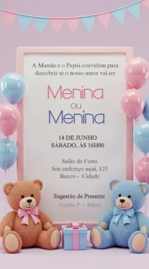 Convite Chá Revelação Ursinhos Azul e Rosa para Editar Online