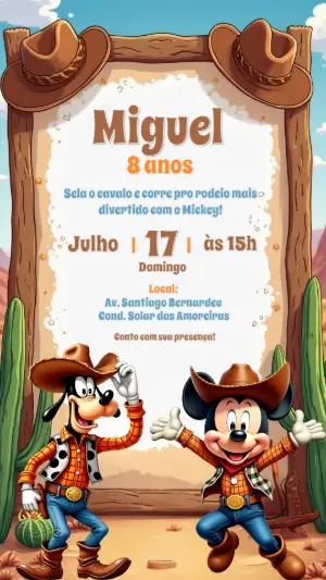 Convite Aniversário Mickey e Pateta Cowboy para Editar Online