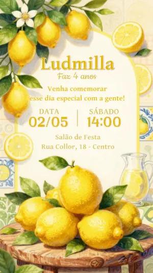 Convite de Aniversário Limão Siciliano Aquarela para Editar