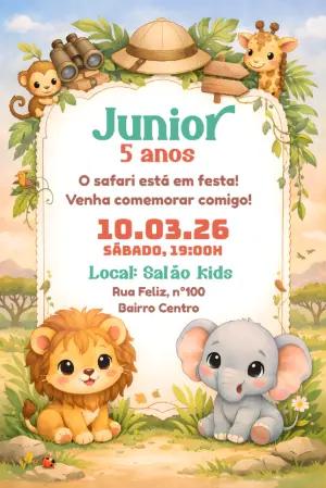 Convite de Aniversário Safari Fofo para Editar e Enviar