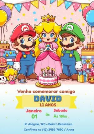 Convite Aniversário Mario, Luigi e Peach para Editar Online