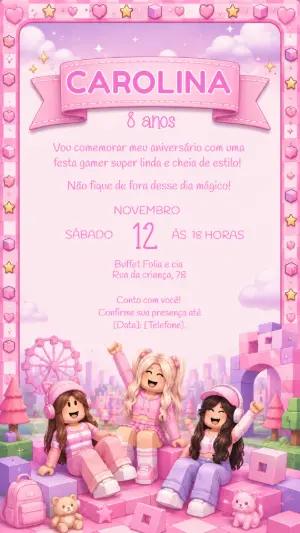 Convite de Aniversário Roblox Menina Rosa para Editar