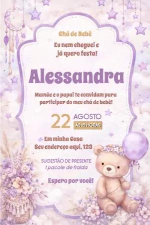Convite Chá de Bebê Ursinho Boho Lilás para Editar