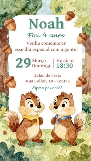 Convite de Aniversário Infantil Esquilos na Floresta Editável