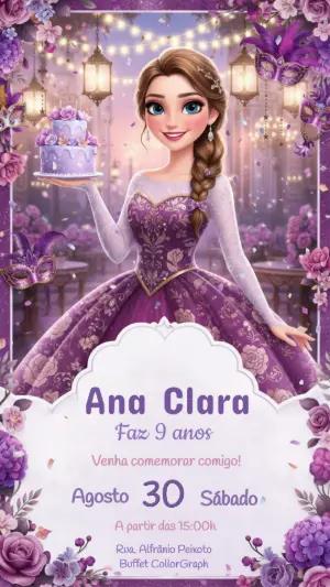 Convite Digital Festa Princesa Baile de Máscaras Roxo Editável