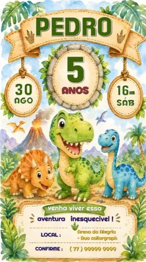 Convite de Aniversário Dinossauro Aquarela para Editar
